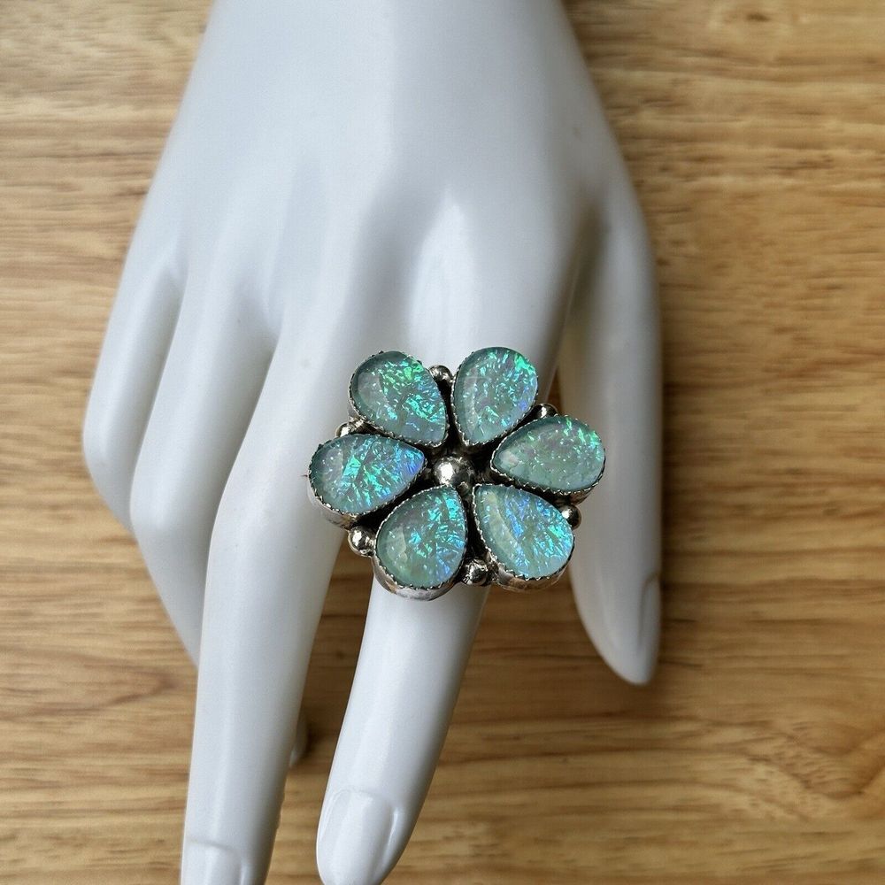 AR Yazzie Navajo Floral Ring Sterling Silver 6.25 Foil‎ Opal Glass 17.2g Signed